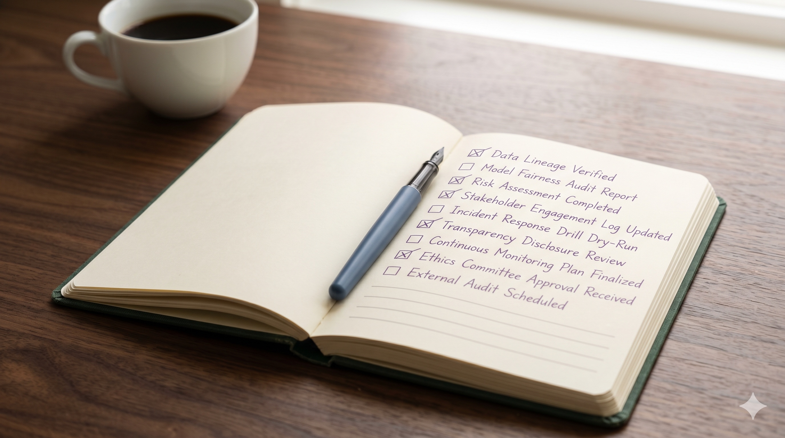 An open notebook on a wooden desk with a handwritten governance audit checklist — items like "Data Lineage Verified" and "Model Fairness Audit Report" — beside a fountain pen and a cup of coffee.