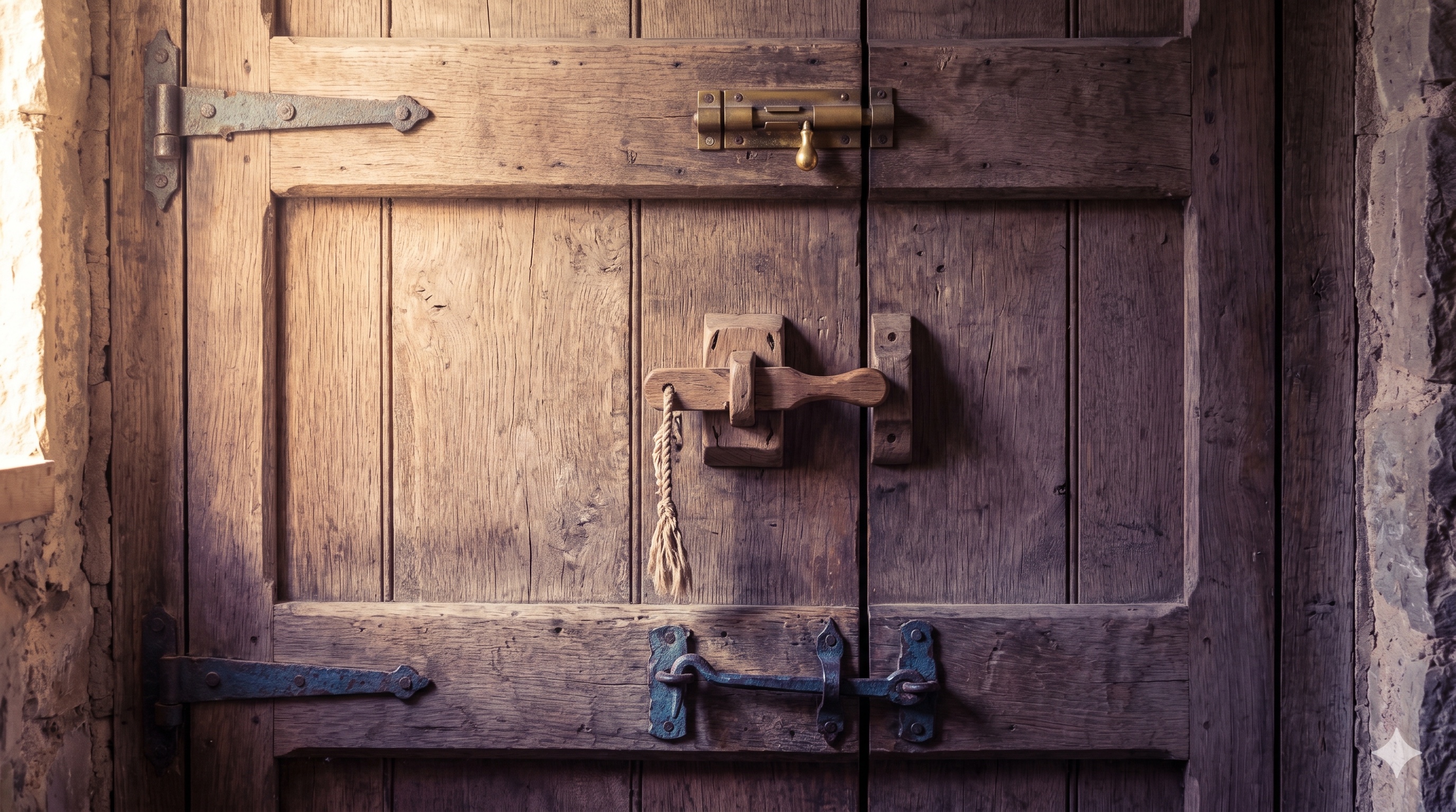 A weathered wooden door fitted with several different antique latches — a brass slide bolt, a rope-and-wood handle, and an iron hook-and-eye — illustrating the principle of layered, redundant controls.