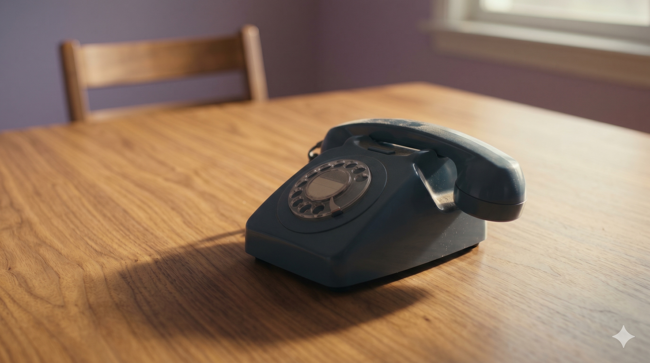 A vintage black rotary telephone sitting alone on a wooden table in an empty room — symbolizing the absence of a counterparty when an AI incident escalates.